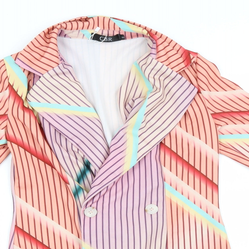 Close-up detail of CBR women’s pink striped overcoat jacket, size UK 8