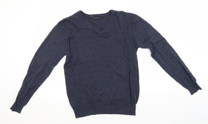 French Connection Mens Blue V-Neck  Cotton Pullover Jumper Size M