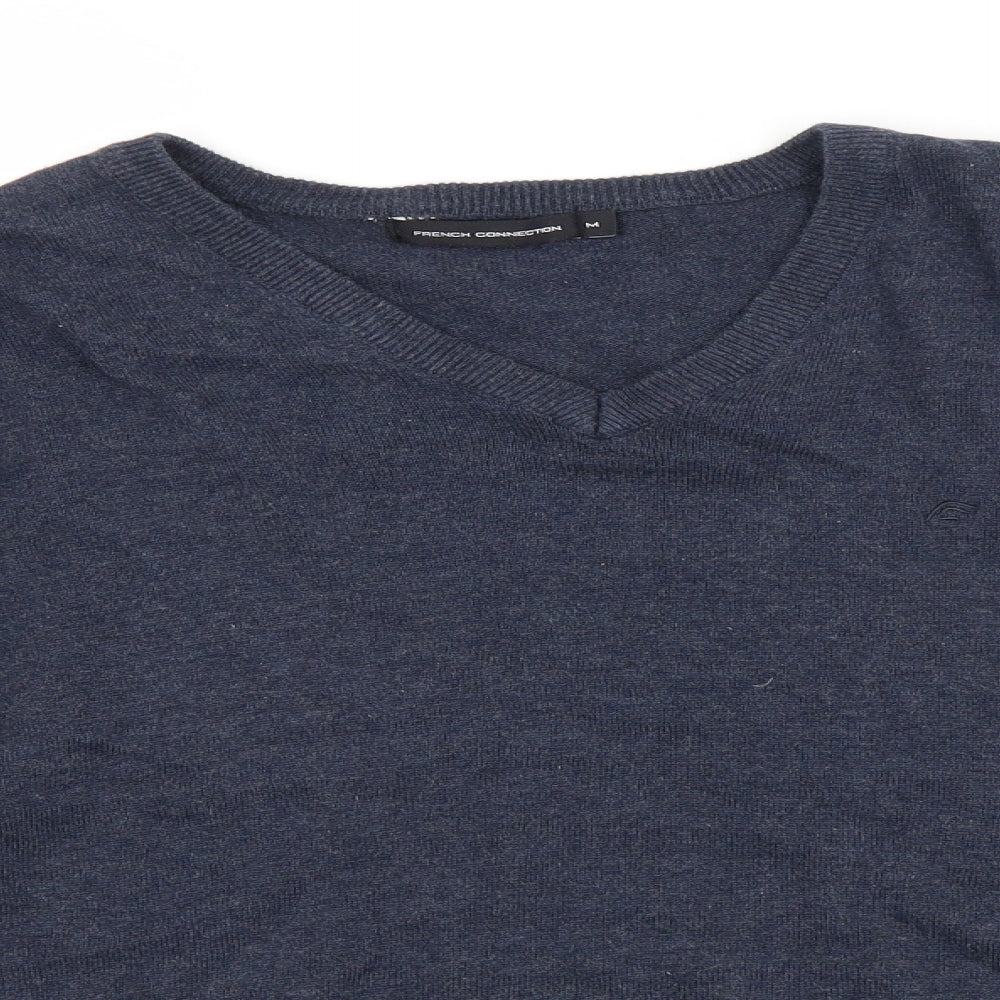 French Connection Mens Blue V-Neck  Cotton Pullover Jumper Size M