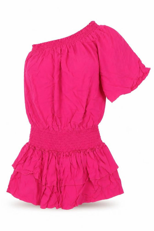 Front view of Buffalo women’s pink viscose fit & flare, size UK 10, one shoulder