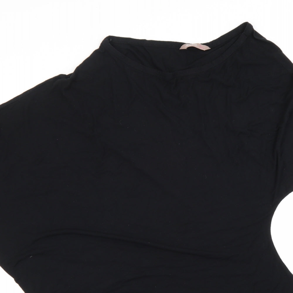 Close-up detail of Awear women’s black viscose basic t-shirt, size UK 12, round neck
