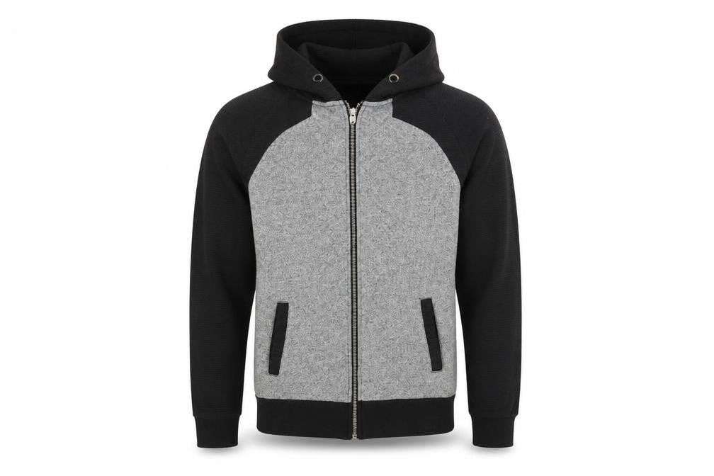 Front view of Genetic Apparel men’s grey cotton full zip hoodie, size S