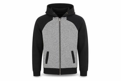 Front view of Genetic Apparel men’s grey cotton full zip hoodie, size S