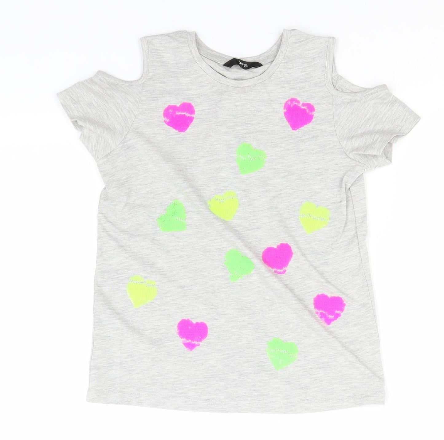 George Girls Grey  Cotton Basic T-Shirt Size 7-8 Years Round Neck  - Hearts