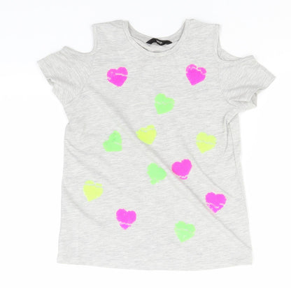 George Girls Grey  Cotton Basic T-Shirt Size 7-8 Years Round Neck  - Hearts