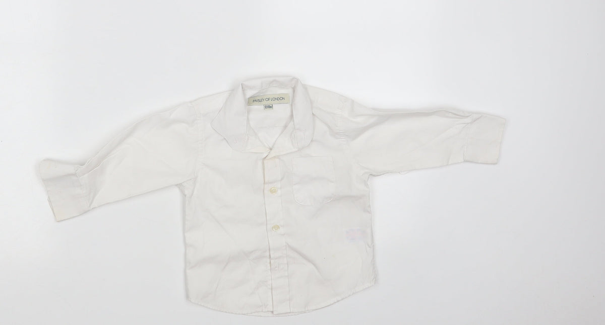 Front view of Paisely of London boys’ white polyester basic button-up, size 12-18, months collared button
