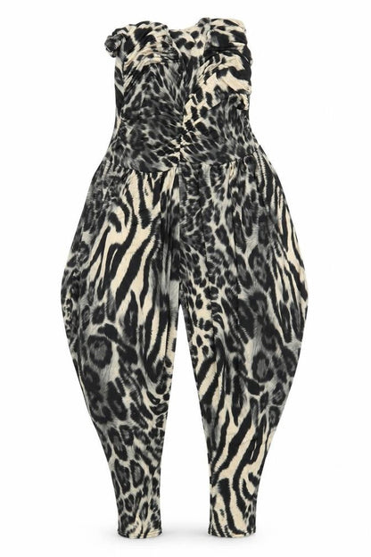 Front view of Preworn women’s black animal print viscose carrot trousers, size UK 26, in, 23-inch leg regular