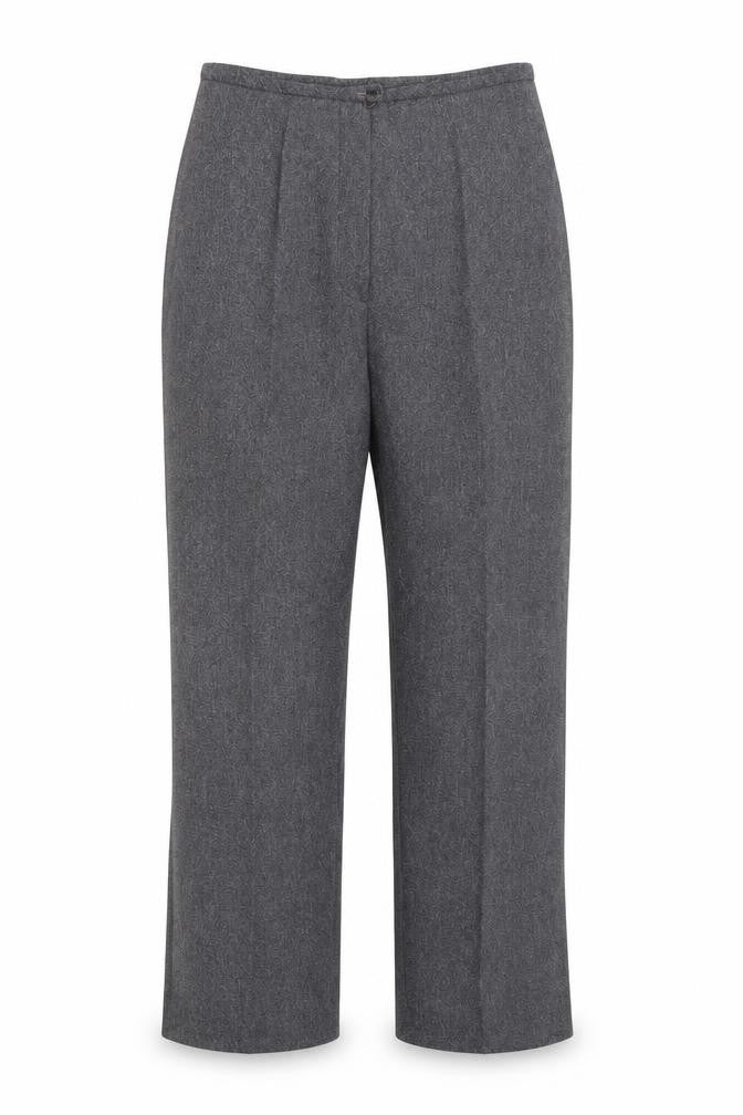 Front view of Preworn women’s grey polyester cropped trousers, size UK 10, 25-inch leg regular zip