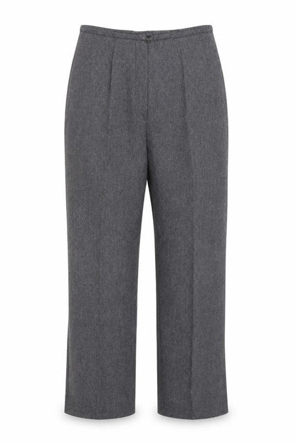 Front view of Preworn women’s grey polyester cropped trousers, size UK 10, 25-inch leg regular zip