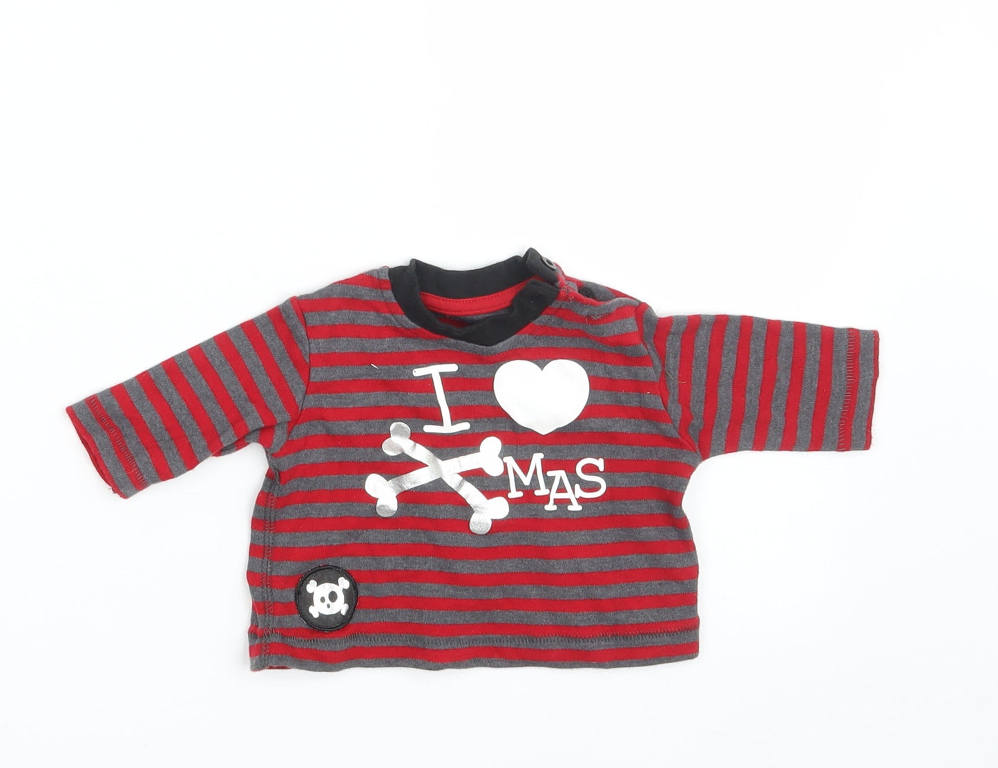 George Baby Red Striped Cotton Basic T-Shirt Size Newborn Round Neck Button - Seasonal Christmas Festive Holiday