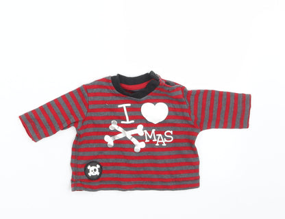 George Baby Red Striped Cotton Basic T-Shirt Size Newborn Round Neck Button - Seasonal Christmas Festive Holiday