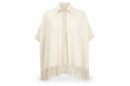 Front view of Riva women’s beige collared acrylic cape jumper, size S