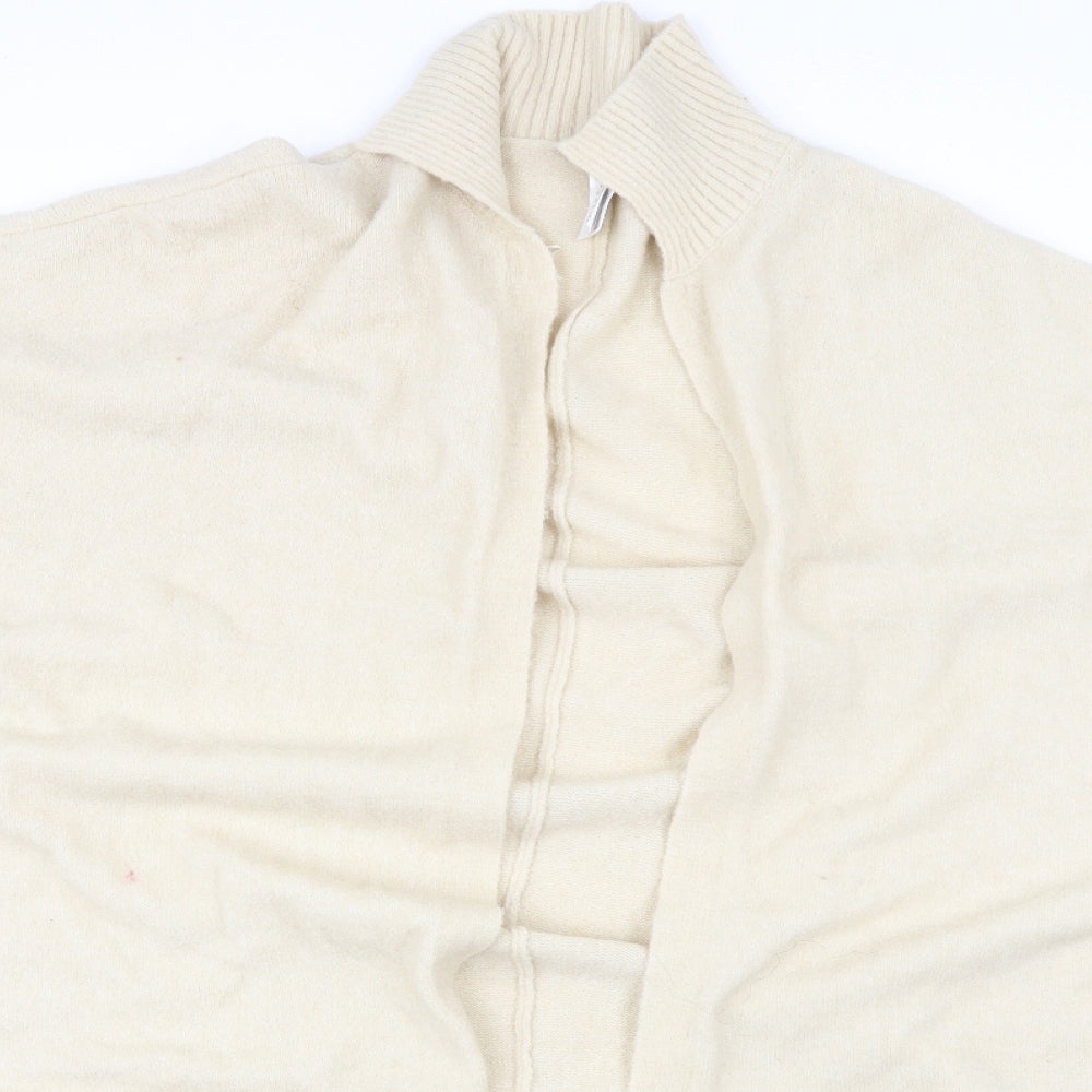 Close-up detail of Riva women’s beige collared acrylic cape jumper, size S