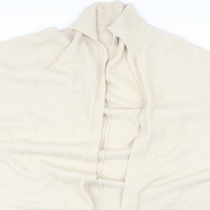 Close-up detail of Riva women’s beige collared acrylic cape jumper, size S