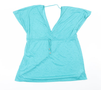 Primark Womens Blue Geometric Cotton Blend Basic Blouse Size M V-Neck