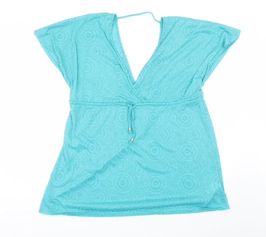 Primark Womens Blue Geometric Cotton Blend Basic Blouse Size M V-Neck