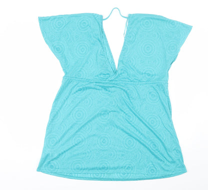 Primark Womens Blue Geometric Cotton Blend Basic Blouse Size M V-Neck