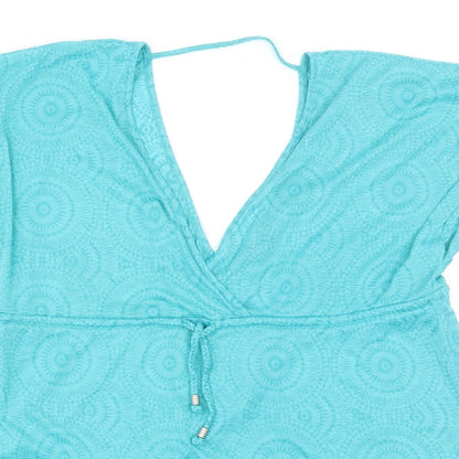 Primark Womens Blue Geometric Cotton Blend Basic Blouse Size M V-Neck