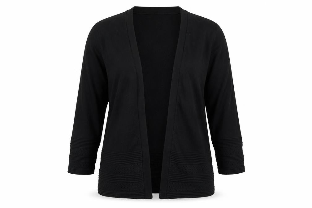 Front view of Tu women’s black v-neck viscose cardigan jumper, size UK 10