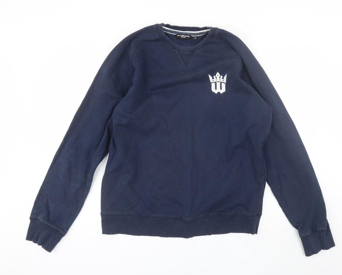 Additional front view of Playerlayer men’s blue round neck cotton jumper, size XL