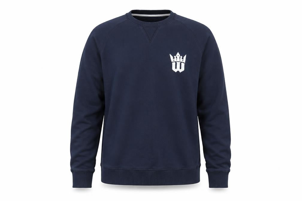 Front view of Playerlayer men’s blue round neck cotton jumper, size XL