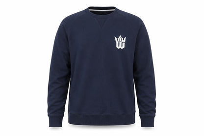 Front view of Playerlayer men’s blue round neck cotton jumper, size XL