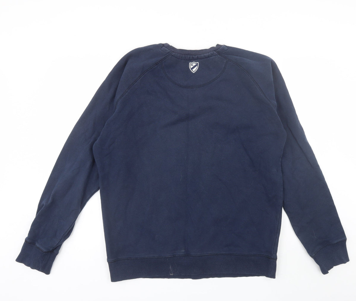 Back view of Playerlayer men’s blue round neck cotton jumper, size XL