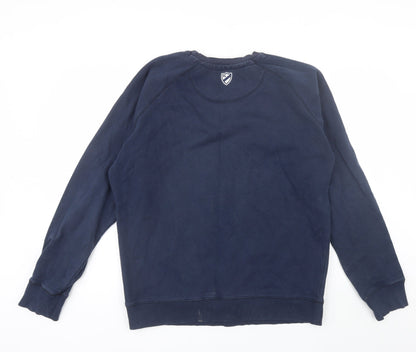 Back view of Playerlayer men’s blue round neck cotton jumper, size XL