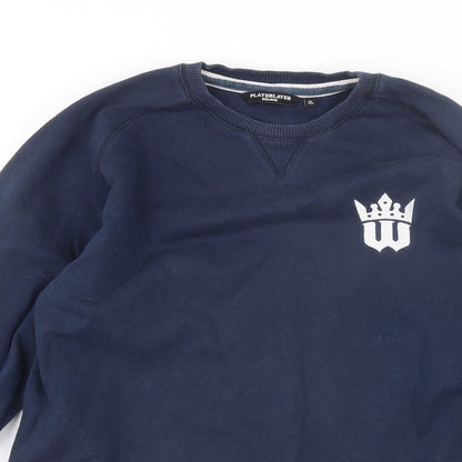 Close-up detail of Playerlayer men’s blue round neck cotton jumper, size XL
