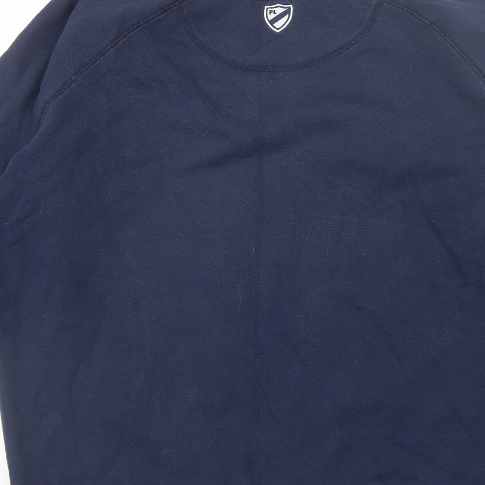 Brand and care label for Playerlayer men’s blue round neck cotton jumper, size XL