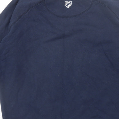 Brand and care label for Playerlayer men’s blue round neck cotton jumper, size XL