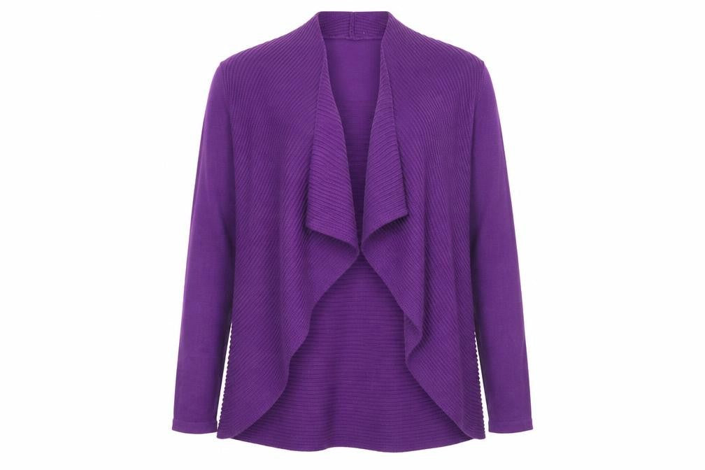 Front view of Preworn women’s purple collared acrylic cardigan jumper, size M