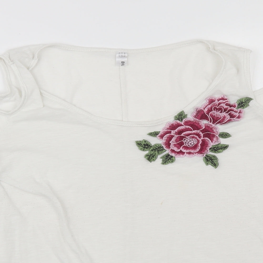 Close-up detail of Next women’s white polyester blend basic blouse, size UK 14, round neck