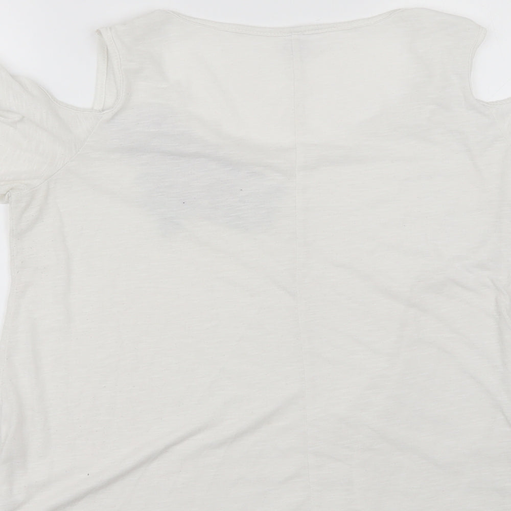 Brand and care label for Next women’s white polyester blend basic blouse, size UK 14, round neck