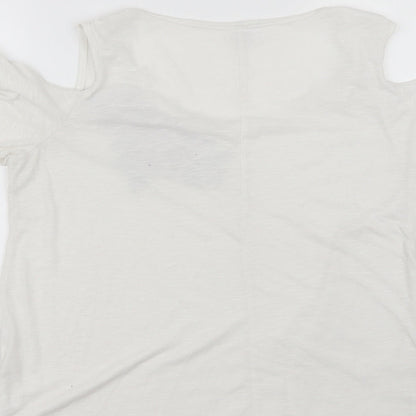 Brand and care label for Next women’s white polyester blend basic blouse, size UK 14, round neck