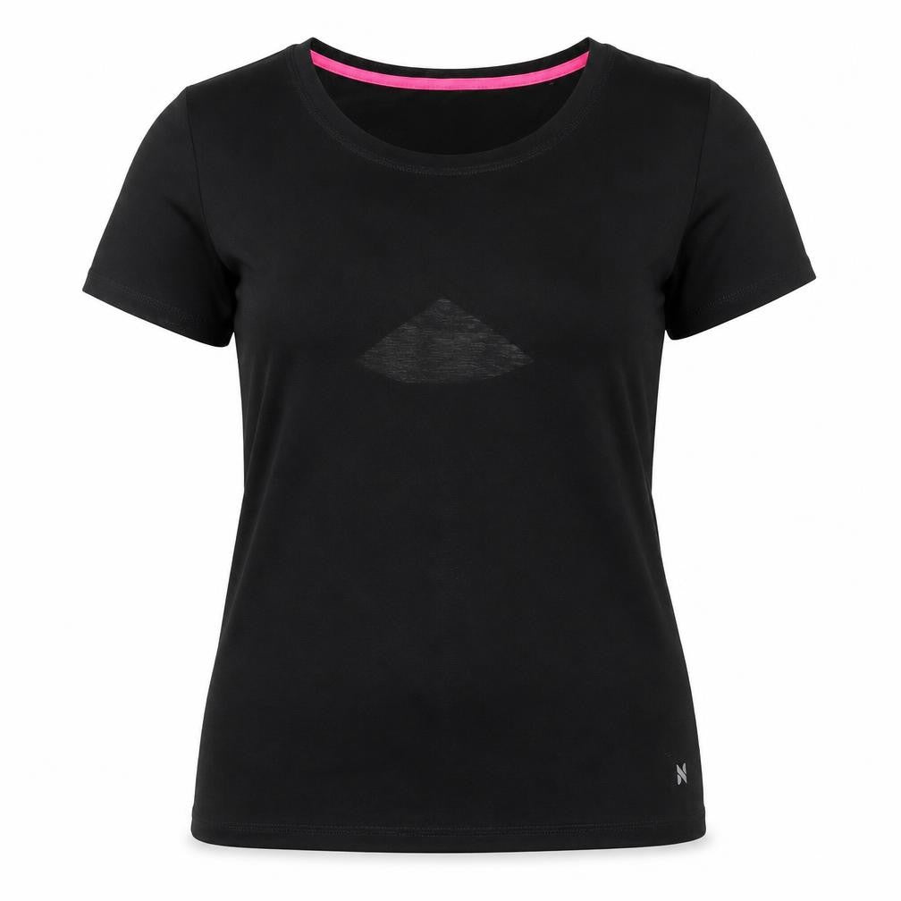 Front view of NX Sport women’s black polyester basic t-shirt, size UK 8, round neck - open back semi-sheer