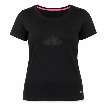 Front view of NX Sport women’s black polyester basic t-shirt, size UK 8, round neck - open back semi-sheer