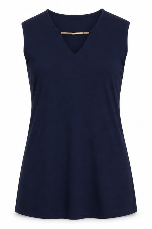 Front view of women’s blue a-line, size L, v-neck - brass like heavy beading