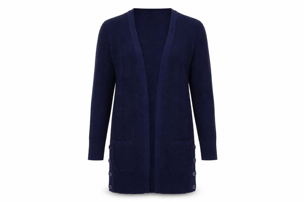 Front view of Per Una women’s blue v-neck viscose cardigan jumper, size UK 8, - longline cardigan midnight blue