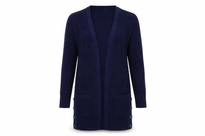 Front view of Per Una women’s blue v-neck viscose cardigan jumper, size UK 8, - longline cardigan midnight blue
