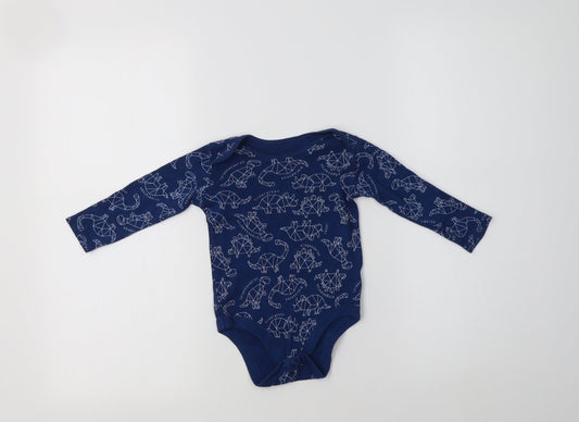 Front view of Tu Baby Blue Geometric Cotton Romper One-Piece, size 6-9, Months - Dinosaur Print
