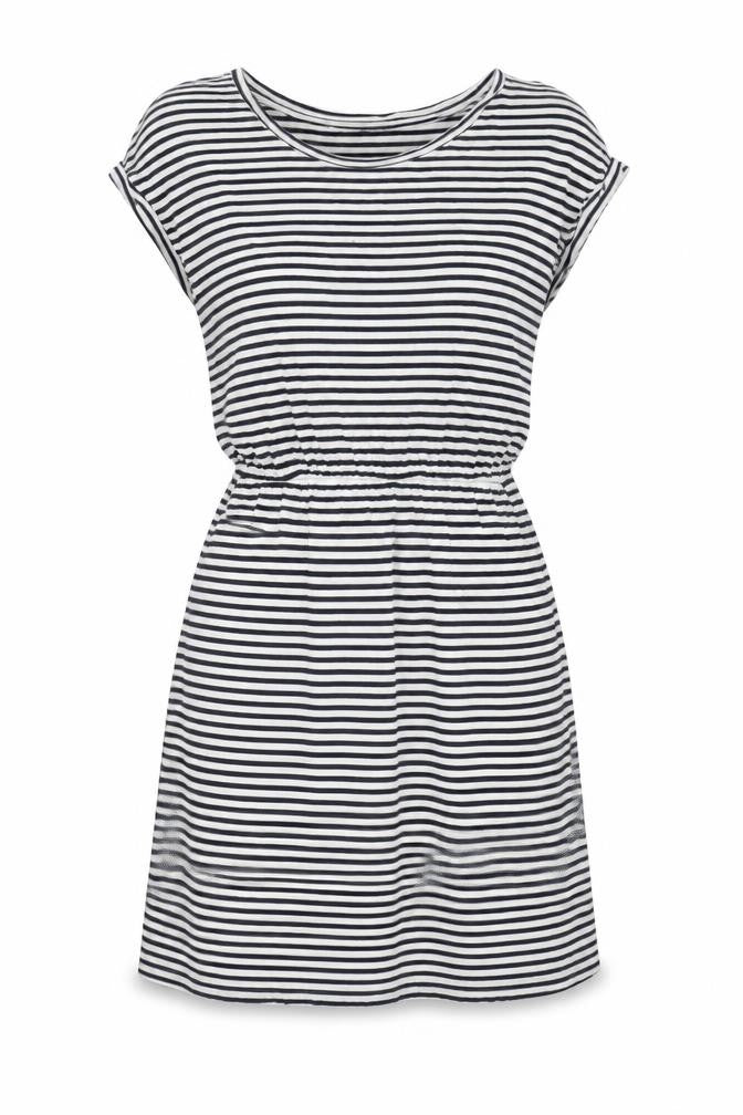 Front view of H&M women’s white striped cotton fit & flare, size XS, crew neck