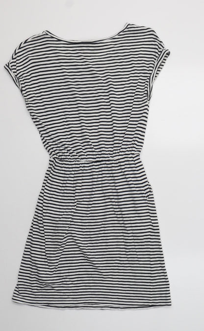 H&M Womens White Striped Cotton Fit & Flare  Size XS  Crew Neck