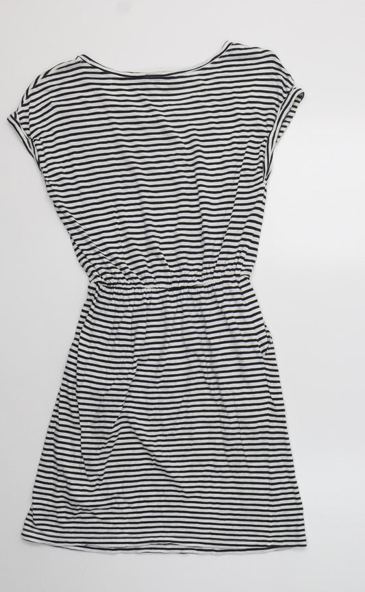 H&M Womens White Striped Cotton Fit & Flare  Size XS  Crew Neck