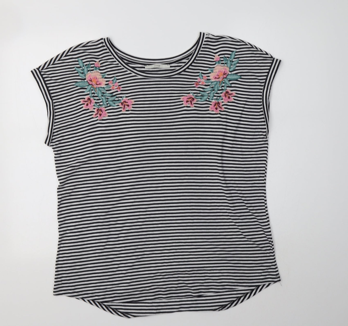 George Womens White Striped Polyester Basic Blouse Size 14 Crew Neck