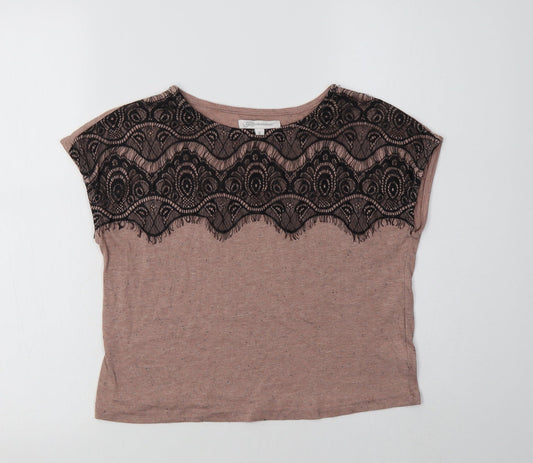 Glamorous Womens Beige  Polyester Basic Blouse Size 6 Crew Neck - Lace Detail