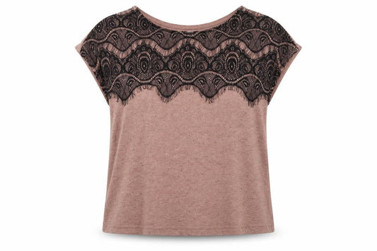 Front view of Glamorous women’s beige polyester basic blouse, size UK 6, crew neck - lace detail