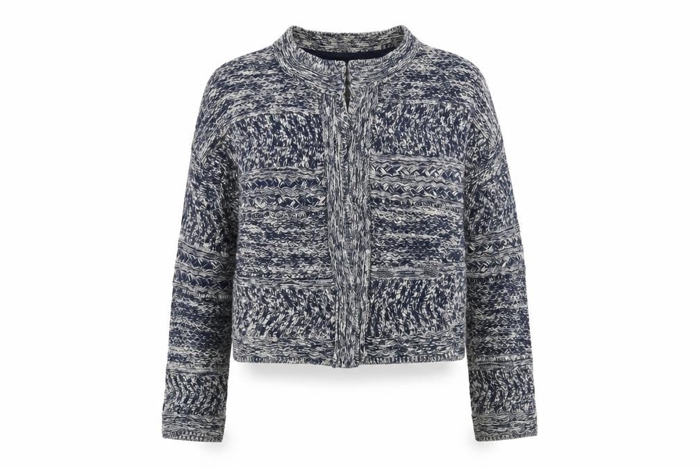 Front view of Marks & Spencer women’s multicoloured round neck cotton cardigan jumper, size L
