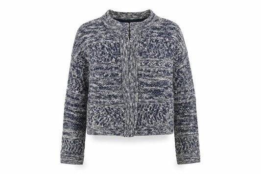 Front view of Marks & Spencer women’s multicoloured round neck cotton cardigan jumper, size L