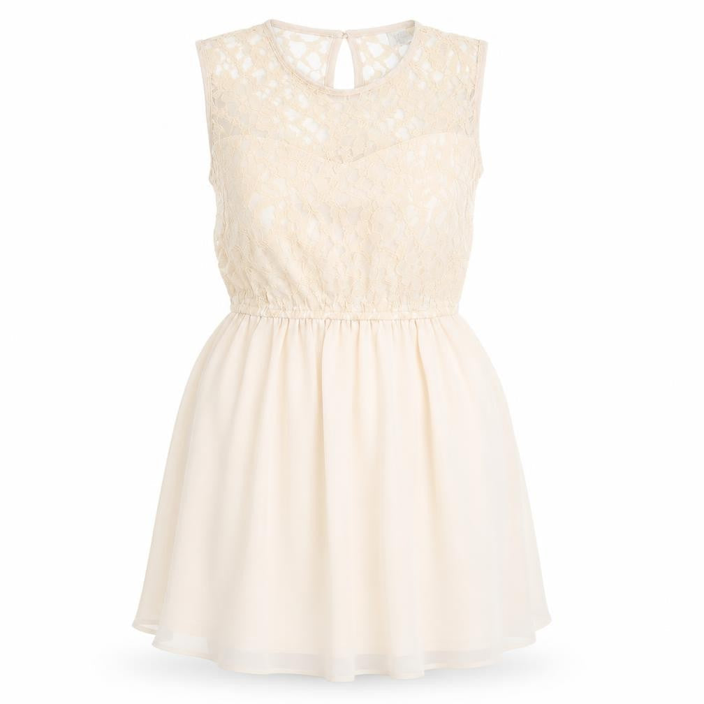 Front view of H&M women’s beige floral polyester fit & flare, size UK 6, round neck
